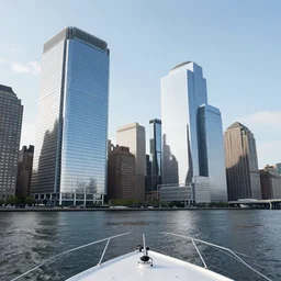 view from a boat in hudson river of futuristic new york city with giant glass buildings, hyperdetailed, artstation, cgsociety, 8 k