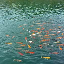 large body of water with colored fish jumping out