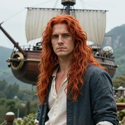 male sky-pirate with long red hair standing in front of an airship, high detail face, realistic, ultra detailed, shallow focus, forest, mountains in the background concept art design as if designed by Wētā Workshop