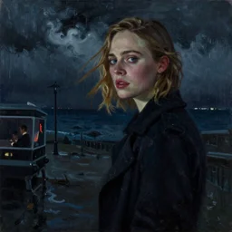 Elle Fanning at night in the world of John Sargent, stormy weather, extremely detailed masterpiece, oil on canvas, low-key neon lighting, artstation, Blade Runner 2049, Roger Deakin’s cinematography, by J. C. John Sargent and Edward Hopper,