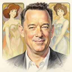 tom hanks smirk, colored pencil, portrait painting by richard schmid, thomas moran, studio ghibli, loish, alphonse mucha, fashion photography, full head in view