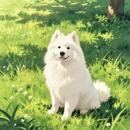 a samoyed dog sitting in the middle of sunny meadow, by Katsuhiro Otomo