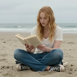 a photograph of evanna lynch reading a book on a beach, wearing old jeans and converse, cinematic shot, sea in background, by a cloudy day, trending on 5 0 0 px