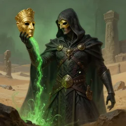 breathtaking detailed soft painting of a an intricate old assassin, with green poison flowing in a desert crypt, golden saint mask, giving his life every day, elegant, highly detailed, artstation, concept art, matte, sharp focus, art luis royo and by tom bagshaw, and greg rutkowski