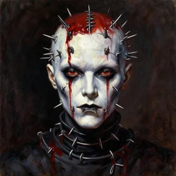 portrait of pinhead from hellraiser. demonic cenobite. barbed wire face, blood. oil painting by lucian freud. path traced, highly detailed, high quality, j. c. leyendecker, drew struzan tomasz alen kopera, peter mohrbacher, donato giancola