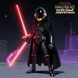 Daft Punk inspired robot character, red lightsaber, space, star wars, retrowave, vaporwave, black cloak, concept art, arstation, award winning art by