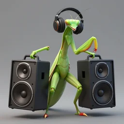 a praying mantis kaiju DJ wearing headphones and carrying two big subwoofer speaker boxes, featured on artstation, cgsociety
