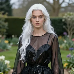 portrait of a woman wearing shiny black transparent funeral dress in an english garden, english face, refined features, moon goddess, long snow - white hair by jean gerome, edward hopper and james jean, hyper detail, 8 k, high resolution, ultra detailed