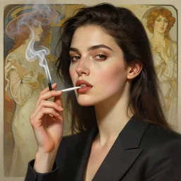 perfect face, dark hair, smoking woman, in a suit highly detailed, digital painting, artstation, concept art, smooth, sharp focus, illustration, art by krenz cushart and artem demura and alphonse mucha and tony sandoval