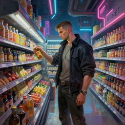 cyberpunk man shopping at a neon soaked grocery store, science fiction painting, elegant intricate digital painting artstation, art by patrick nagel, detailed