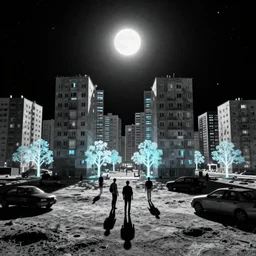 odd looking citizens and vehicles in a high rise apartment neighborhood on the Moon, long shadows, holographic trees in a Russian cyberpunk city called Neo Kudrovo on the Moon, pitch black sky with stunning bright stars, bright sun, high contrast, black sky full of stars, holograms, blinding bright sun, sci-fi, cyberpunk outfits, photorealistic, grainy, 35mm, intricate, very very beautiful, elegant, smooth, cinematic, Unreal Engine 5