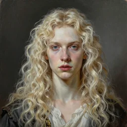 a striking hyper real painting of Lucius the pretty pale androgynous albino prince, long fluffy curly light blond hair by Jan Matejko