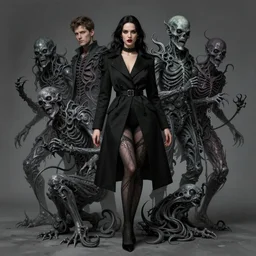 lady in black coat and pantyhose, cosmic horror style, intricate, confident pose, realistic, highly detailed, by wlop and artgerm and ross tran and greg rutkowski, charlie bowater, peter mohrbacher