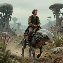 sharp, highly detailed, film from a 2 0 1 9 sci fi 8 k movie, set in 1 8 6 0, of a man riding on the back of an alien creature, across an alien landscape, full of strange wild alien plants, 1 8 5 0 s era clothes, atmospheric lighting, in focus, reflective eyes, 3 5 mm macro lens, live action, nice composition