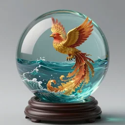 glass ball with a phoenix bird rising from the ashes splitting an ocean inside, studio ghibili, path traced, octane render, highly detailed, high quality, artgerm, hd, alphonse mucha, tom bagshaw