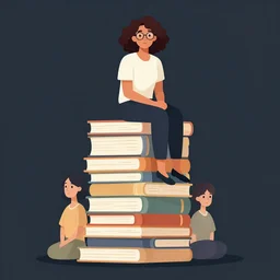 a woman with curly dark brown hair and glasses sits on top of a tall pile of books. clean cel shaded vector art. shutterstock. behance hd by lois van baarle, artgerm, helen huang, by makoto shinkai and ilya kuvshinov, rossdraws, illustration, art by ilya kuvshinov