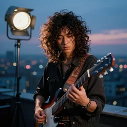 The charismatic disco punk rock young Asian man with messy very long curly dark brown hair playing on jazz guitar, the very strong fresnel top light, twilight city on the background, by Lubezki, anamorphic 80mm lens, city twilight landscape, cinematic, cinematic composition, rock movie, Kodachrome film, 4k