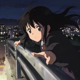anime visual, portrait of a young black haired girl sightseeing above the city, guardrail, cute face by yoh yoshinari, katsura masakazu, dramatic lighting, dynamic pose, dynamic perspective, strong silhouette, ilya kuvshinov, anime cels, 1 8 mm lens, fstop of 8, rounded eyes, moody, detailed facial features