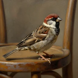 sharp focus, highly detailed, artstation, an oil painting of a sparrow perched on a chair, by diego velazquez, oleo