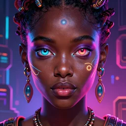 african neon necromancer, science fiction, highly detailed, digital painting, beautiful eyes, symmetry, concept art, sharp focus, volumetric lighting, illustration, global illumination, radiant light, synthwave colors, detailed and intricate environment, art by artgerm and greg rutkowski and magali villeneuve and ilya kuvshinov!
