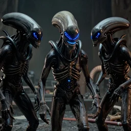 movie still, 1 9 8 0 s, alien creatures, hyperdetailed, by ridley scott and john carpenter, blue leds