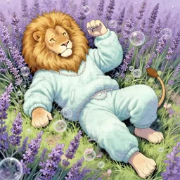 aesthetic overhead photo portrait commission of a albino male furry anthro lion lying on a perfect lavender garden like a bed  with bubbles surrounding him while wearing a cute mint colored cozy soft pastel winter outfit with pearls on it, winter Atmosphere. Character design by charlie bowater, ross tran, artgerm, and makoto shinkai, detailed, inked, western comic book art, 2021 award winning painting