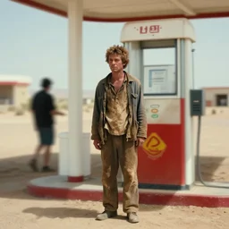 movie still by kubrick of a vagrant at desert gas station in shabby mud soild clothing ambient occlusion, heavy hdr macro lens tilt shift motion blur