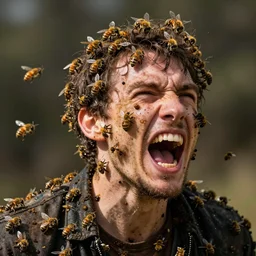 man covered in bees, screaming and flailing