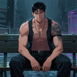 a highly detailed portrait of a muscular man sitting on a bench in the rain, digital art, retrowave, cyberpunk, artstation, pixiv, by wlop, greg rutkowski