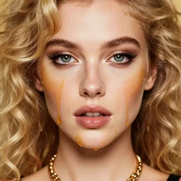 closeup portrait of provocative girl, covered in honey, by mike dargas, blonde, curly hair, clean face, slutty make up, symmetrical face, looking straight, smooth skin, jewelry, ecstasy, cute, fashion editorial photography, from vogue magazine, ultra realistic, reflections, from eyes wide shut movie