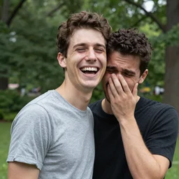 photo of a young man in central park, half face is laughing and the other half face is crying