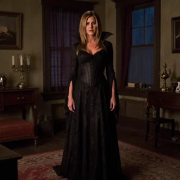jennifer aniston posing as a vampire in gothic clothing in a rustic apartment during night