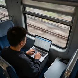 a man sitting on top of a moving train working on his laptop, high shutter speed taken from above, wide angle