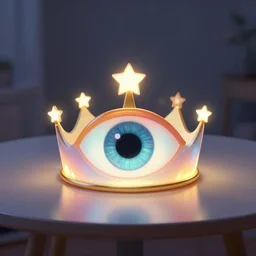 a glowing colorful minimal elegant crown sitting on a table with one large beautiful eye on top of it like a jewel, one black pupil in the eye, shining stars on top of the crown, night time, vast cosmos, geometric light rays exploding outwards into stars, bold black lines, flat colors, minimal psychedelic 1 9 5 0 s poster illustration