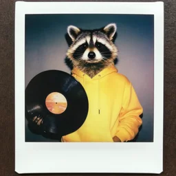 medium - shot, low - angle, photo of a anthropomorphic raccoon wearing a bright hoodie, holding a vinyl record, 8 0 - s fashion, colored, polaroid photo, by warhol,
