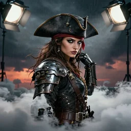 dynamic over the shoulder pose! symmetry! closeup portrait of a biblical diabolical pirate hunter girl, stylish cyborg armor, in clouds, strong studio lights, thunder, rain! storm, sunset, by gerald brom, by mikhail vrubel, by peter elson, high contrast, muted colors, extreme detail, mirrors, trending on artstation, 8 k