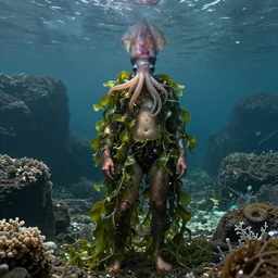 a person who is a mixture of a squid and a human, wearing clothing made of seaweed, in a cove. photorealistic art by frazetta ; highly - detailed