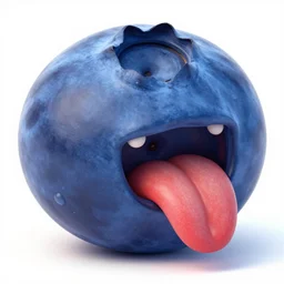 a talking blueberry with a big red tongue as the mask or rolling stones voodoo tour on a white background commercial