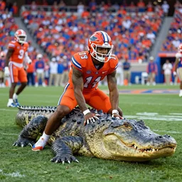 florida gators football team riding on the back of an oversized alligator