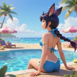 beautiful render of pool party Ahri from league of legends looking at the horizon in a hawaii beach, 3d, octane render, realistic, highly detailed, trending on artstation