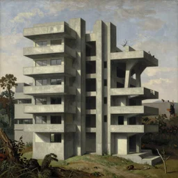 classical landscape paintings of brutalist concrete structures, masterpiece, insanely detailed and intricate, by eugene von guerard, tsutomu nihei