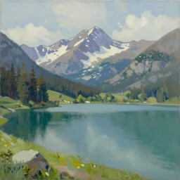 a painting of a mountain lake by Bob Ross
