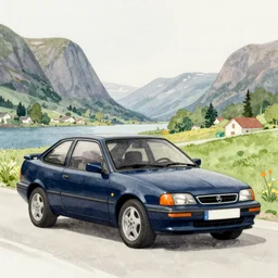 A Dark blue 1991 Opel Calibra in a norwegian landscape, watercolor