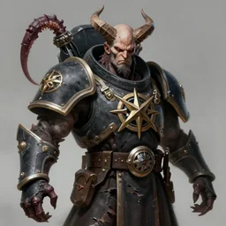 a lean scowling cultist of chaos with a tentacle arm and horns on one side of his face. dressed in a ripped robe. symbol of the eight - pointed star of chaos. warhammer 4 0 k style, character concept art, extremely high details, artstation contest winner, masterpiece, art by slawomir maniak, chris rahn, ariel perez