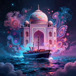 [ palate ] [ muted neon colors ] intricate paisley design pattern in a nebulous cloud formation, giant merchant ship 🛳 crossing an alien ocean, vibrant lighting, 8 k resolution, octane render, award winning composition,