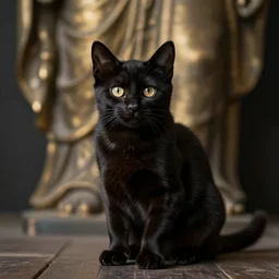 a small black cat sitting at the foot of god