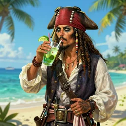 a ghost pirate peacefully drinking a mojito on a tropical island, digital art, sharp focus, hyper realistic, highly detailed by peter mohrbacher, artgerm, wlop, wayne barlowe, boris vallejo and paolo eleuteri serpieri