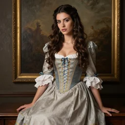beautiful brunette argentinian - italian girl professional photo shoot, colonial dress, suggestive classic painting