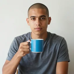 portrait of a ( ( ( una taza de cafe grande y azul ) ) ), ( ( guapo joven caliente colombiano mulato pelo shaved ) ), nubes y magia, el sol, concept character, by greg rutowski and tezuka and oi and mucha and bierstadt and remington, trending on artstation