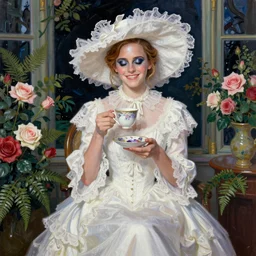 closed eyes thick paint brush strokes full body fashion model smiling emma watson by Jeremy Lipking by Hasui Kawase by Richard Schmid (((smokey eyes makeup eye shadow fantasy, glow, shimmer as victorian woman in a long white frilly lace dress and a large white hat having tea in a sunroom filled with flowers, roses and lush fern flowers ,intricate, night, highly detailed, dramatic lighting))) , high quality
